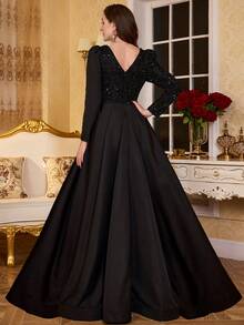 UNITHORSE Round Neck Sequin Patchwork Polyester Waist Fitted Solid Color Fishtail Evening Dress, Bride Dress, Birthday Women Outfits, Graduation Dress, Formal Dress. Fall Women Clothes - màu đen - Xem 2