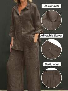 Slim-Fit Polo Collar Casual Cardigan, Versatile Solid-Color Stylish Shirt For The Beach, Everyday Wear, Work, Soft And Comfortable Fabric; Loose-Fitting Elastic-Waist Pants - 全麥咖啡 2 - 查看 2