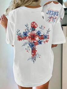 Women's Bohemian Style Printed T-Shirt, Casual Round Neck Short Sleeve Top With Floral Cross And Bow Print Design, Knitted Fabric, Comfortable Fit, Perfect For All Seasons, Christian T-Shirt, Faith T-Shirt, Dynamic Motivational T-Shirt - White - View 1