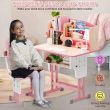 2Pcs/Set Kids Desk Chair Set, Adjustable Height School Leaning Table Chair Set With Drawer Design, Children Desk Chair Set With Four Partition Book Stand, Backpack Hook, Cup Holder - Blue - View 1