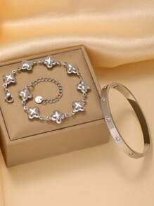 Vintage Fashion Floral Bracelet & Clover Bracelet Set, Minimalist Yet Chic Jewelry Suitable For Everyday Wear