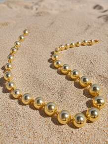 5pcs/Set Summer Beach Gold Beaded Jewelry Set, Ball Bead Necklace, Bracelet, Tassel Earrings, Open Ring, Suitable For Ladies Holiday Party Wear