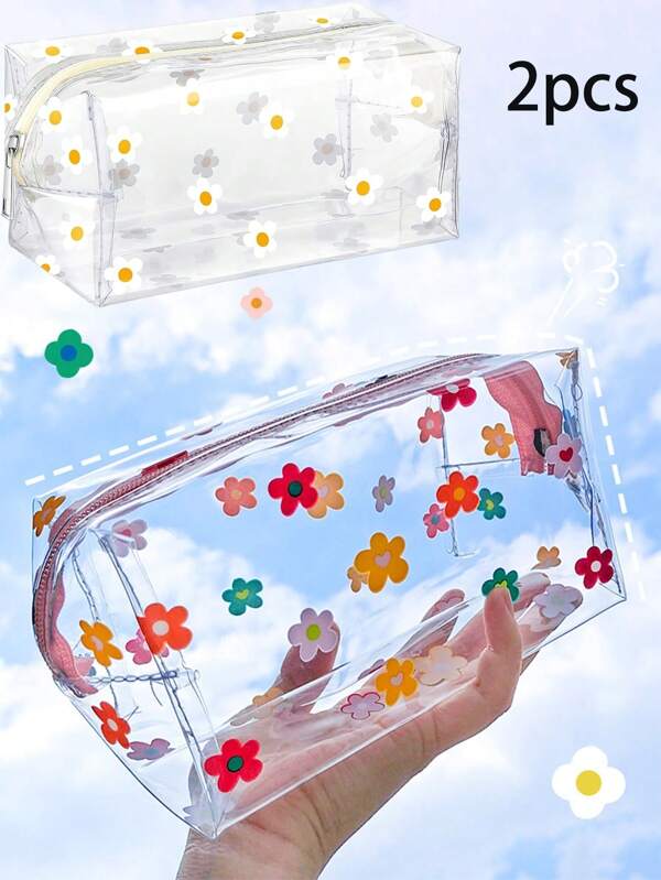 1/2pcs Floral Pattern Make Up Bag, Portable Cosmetic Pouch, Suitable For Women Travel, Vacation, Daily Use