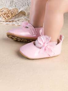New Girls Patent Leather Butterfly Hook And Loop Design Princess Shoes, Soft Bottom Non-Slip Flat Shoes, Suitable For Spring & Autumn - Pink - View 3