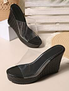 Women's 2024 New Platform Slide Sandals, Summer Outdoor Thick Bottom Transparent Strap High Heel Shoes, Plus Size - Black - View 8