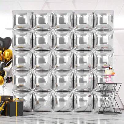25pcs Silver Square Foil Balloons Wall Backdrop Double Sided Chrome Sliver Balloons Wedding Anniversary Bachelorette Engagement Bridal Birthday Party Background Decorations