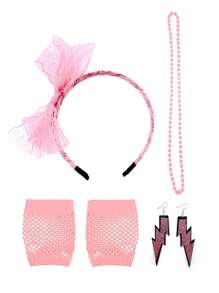D EXCEED 4/5 pièces Ensemble d'accessoires rétro néon des années 80 pour femmes, collier de perles à tenue rétro, serre-tête à nœud en dentelle, gants résille, lunettes de soleil à stores vénitiens, boucles d'oreilles éclair, essentiels pour fête rétro Halloween