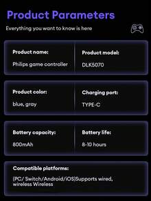 PHILIPS 飞利浦 DLK5070 蓝牙游戏控制器，双霍尔机械按键，3 级震动调节，高游戏体验，兼容 Switch、PC、无线移动游戏、电视、电子竞技，6 轴运动感应，可拆卸面罩