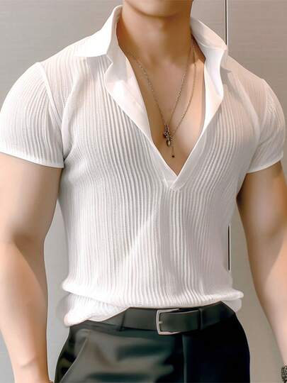 INCERUN Fashion Men V-Neck Short Sleeve Sheer Summer Casual Tops T Shirt Party Formal Work Blouse