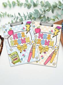 1pc Customized Personalized Teacher Writing Board, Customizable Name, Cartoon Style Teaching Board, Multi-Color Background Optional, Pink, Green, Blue, Beige Grid Pattern, Apple Pencil Bow Pattern, Matched With Positive Energy Sticker Be KingGraphic Print - Multicolor - View 6