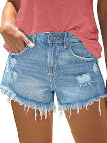 Women's Cut Off Denim Jean Shorts Ripped Distressed  Sexy    Denim - 淺藍色 - 查看 1