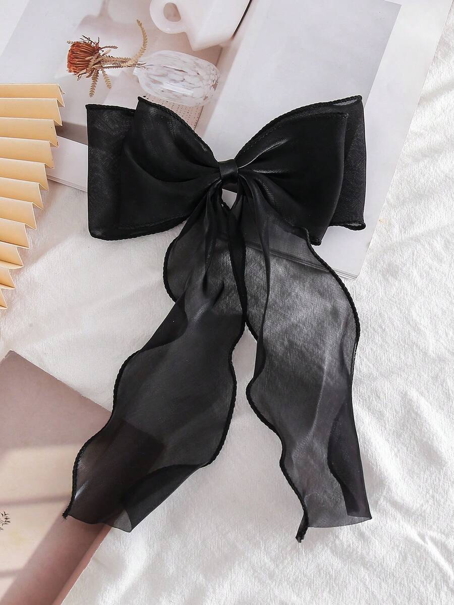 1件优雅黑色网纱公主蝴蝶结波浪丝带发夹发饰，春季柔软蓬松半夹式设计，适合上学、大学、学院风、可爱、优雅、冬季女装、发饰、头部饰品、女士发饰、爪夹、发卡、夏季、假日、旅行