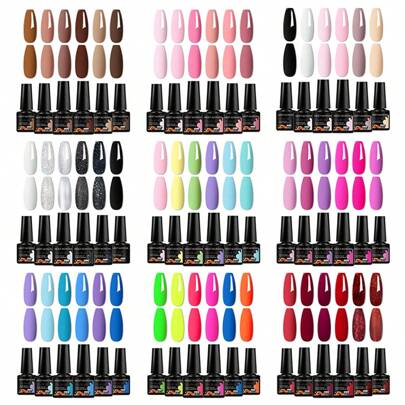 MEET ACROSS 6支/套 7.3毫升 闪亮红粉色凝胶指甲油套装 亮片半永久混合凝胶指甲油 可卸除 UV灯美甲套装