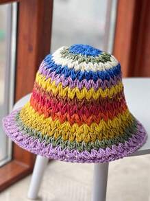 1 pièce Chapeau seau en paille rayé bicolore pour femmes, adapté pour le port quotidien, les sorties d'été et les vacances pour la protection solaire Boho