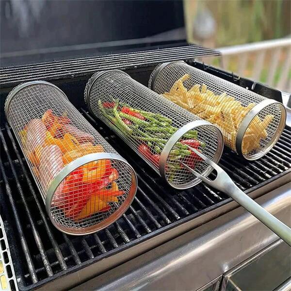 Grelha Churrasco Vegetais Legumes Cesto Cilindro Aço Inox