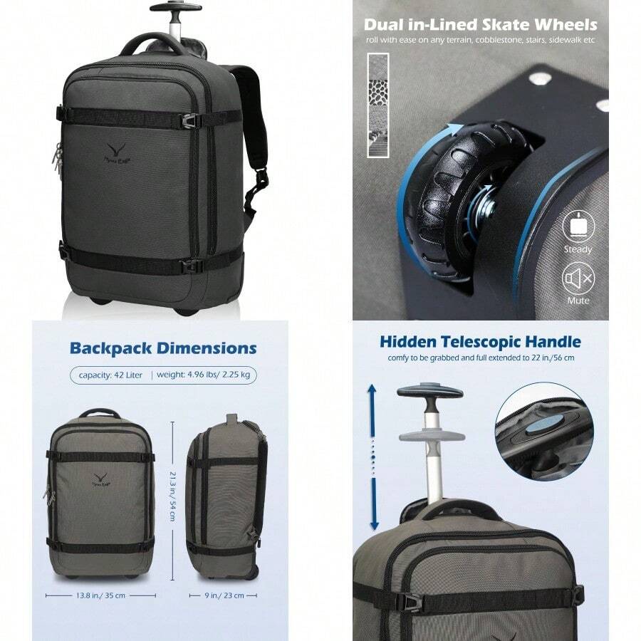 Travel Wheeled Backpack 42L Carry On Rolling Backpack 17inch Laptop Rucksack With Wheels Large Flight Appd Hand Lage Roller Cases Suitcase Gray - Gray2024 - View 1