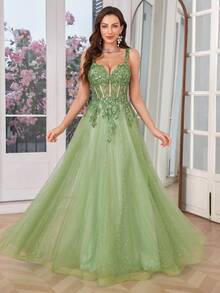 Olive Green Tulle Slip Dress Long A Line Sparkly Embroidery Prom Dress, Party Dress - Olive Green - View 3