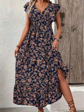 Plus Size Women's Spring/Summer Floral Print V-Neck A-Line Ruffle Sleeve Dress, Vacation Style