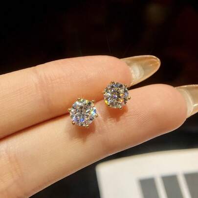 1 Pair 0.1ct-2ct Round 6-Prong D Color Moissanite Diamond Stud Earrings, Elegant S925 Sterling Silver Anniversary Engagement Hoop Earrings, Luxury Jewelry Gift