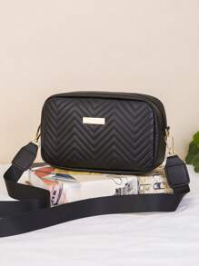 1pc Black Quilted V-Embossed Mini Square Crossbody Bag For Women, Fashion Versatile Shoulder Messenger Camera Bag With Gold Metal Decor