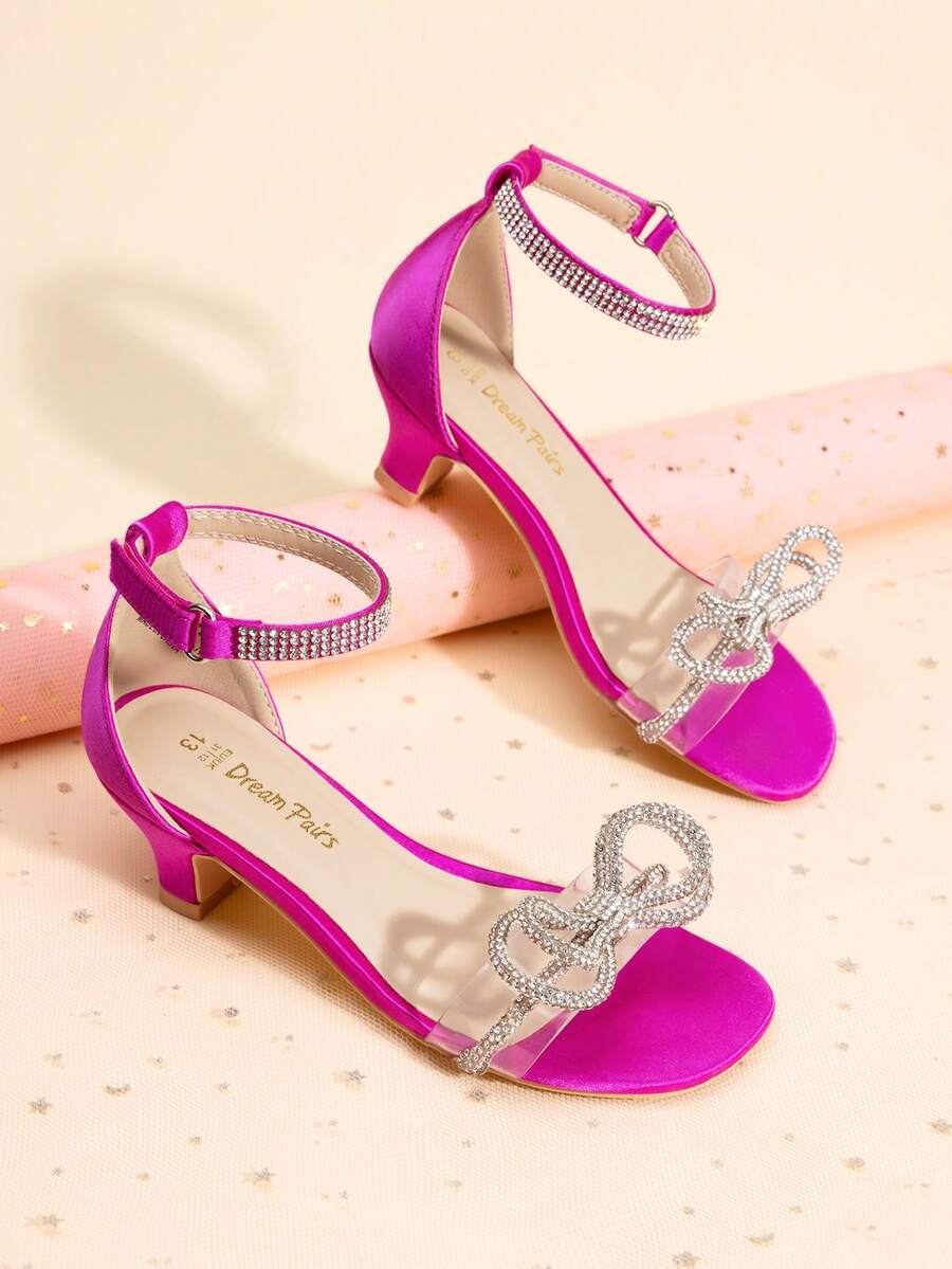 Girls Sandals Rhinestones Buckle Ankle Strap Square Toe Low Heel Bow Flower Dress Shoes - Màu đỏ tím - Xem 1