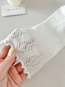 2 Pairs Women Ruffle Trim Fishnet Patterned Mid-Calf Socks, Hollow Diamond Design, For Daily Wear - Multicolor - View 6