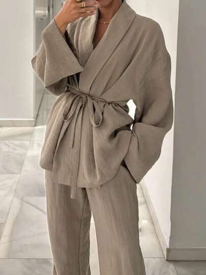 بدلة كاجوال اثنين قطع للنساء، سراويل فضفاضة ذات خصر كاوتشوك وكارديجان بأكمام طويلة، لون أحادي للصيف