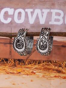 1 par de brincos de argola estilo western com padrão retrô vintage e prateado antigo, brincos com design de ferradura, joias adequadas para traje de cowgirl