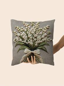 1 pieza Funda de almohada decorativa vintage con estampado floral de lirio del valle - Diseño impreso elegante con lazo y hojas, varios tamaños, para decoración del hogar, sofá, patio y porche, dormitorio y sala de estar (sin insertar), Funda de almohada decorativa para exteriores, Textura tejida elegante para la decoración del hogar, Almohada decorativa - Sin bordado