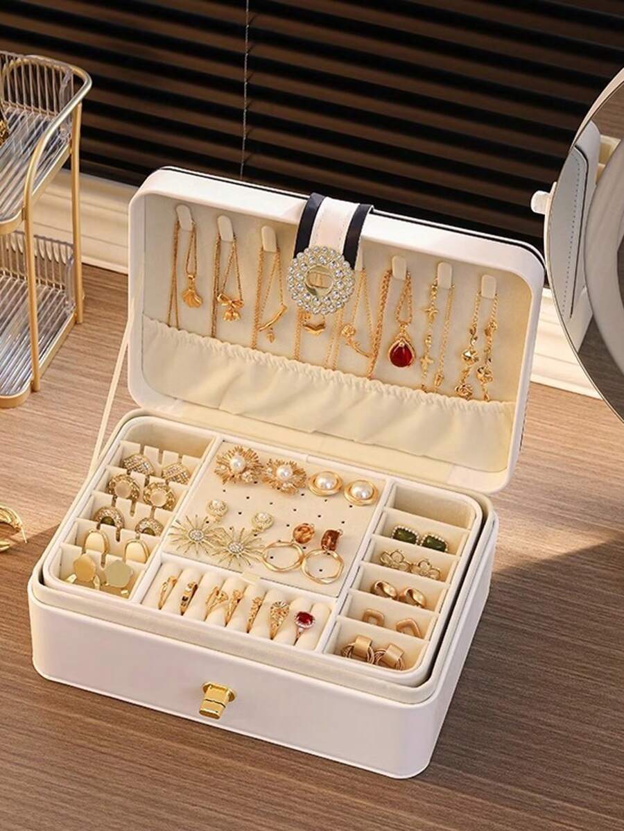 صندوق مجوهرات عالي الجودة قطعة واحدة للقلادات والأقراط والخواتم والأساور وصندوق تخزين المجوهرات الفاخرة بسعة كبيرة لتنظيم تخزين النساء وضروريات السفر للعودة إلى المدرسة والتخزين في السكن الجامعي