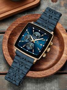 VA VA VOOM 1 PEÇA Relógio Masculino 2025 Novo Quadrado Multifuncional Movimento de Quartzo Relógio de Luxo com Cronômetro Pulseira de Aço Inoxidável Marca VA VA VOOM Original Calendário Luz Noturna Relógio Dourado & Prata & Azul & Preto Simulado Negócio Lazer Esporte Presente Relógio de Pulso