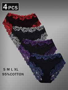 4 件套花卉蕾丝棉质内裤，性感舒适透气弹力内衣内裤 - 彩色 - 查看 2