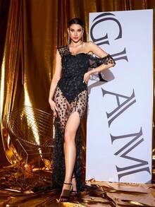 Black One Shoulder Tulle 3D Floral Ribbon Split Maxi Evening Dress - Black - View 2