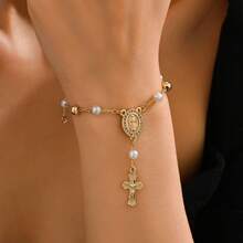 Catholic Pearl Beaded Bracelet, Virgin Mary & Jesus Cross Pendant Rosary Bracelet, Religious Jewelry, Church Baptism Gift, Durable Hypoallergenic Jewelry, Wedding Gift, Unisex - Maria - View 6