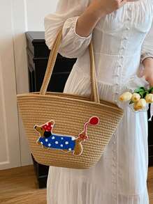 Cotton String One Shoulder Tote Bag For Women, Large Capacity Woven Bag, Ideal For Beach Vacation, Summer