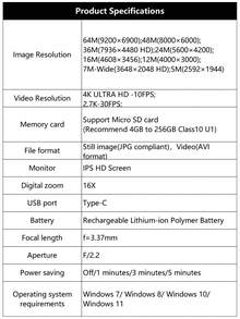 Nicamery 64MP 数码相机，图像稳定，4K 视频录制，自动对焦，带双摄像头的旅行摄影相机，16 倍数码变焦，包括 32GB SD 卡和 2 块电池