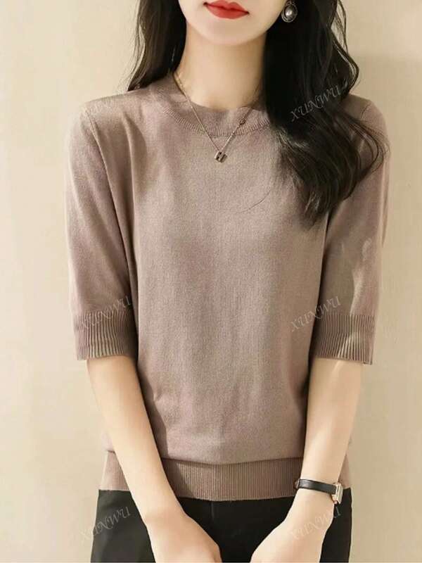 Refined Turtleneck Mid-Sleeve Knit Sweater Top For Women, Fashion & Elegant Loose Style, Suitable For Spring & Autumn