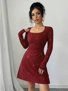 abyoxi Red Color Square Neck Long Sleeve Slim Fit Waist Detail A-Line Mini Party Dress With Flash Fabric,Dating,Romantic,Simple,Hot Girl,Fashionable,Valentine's Day,Back To School,Fall/Winter Clothes For Women