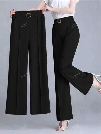 Elegante effen tandenstoker met gestreept ontwerp voor dames, rechte pijpen, losse, casual forensenbroeken