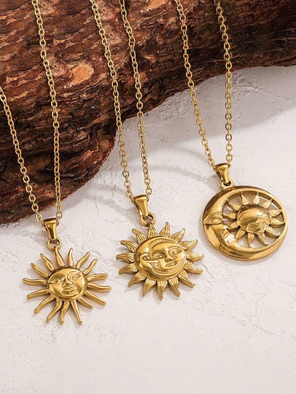 1pc Retro Gold Sun Pendant Necklace, Colar criativo combinado com sol e lua