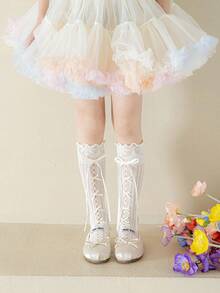 1 Pair Girls Knee-High Socks With Ribbon Hollow Out Breathable Casual Vacation University Style Party Wear