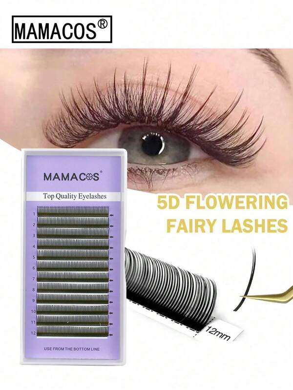 Estensioni di ciglie finte MAMACOS, 12 file, da 0,07 mm, ricci C/D, effetto soffice e delicato, ciglie a ciuffetti tridimensionali 5D Fairy, ciglie bagnate, ventagli premontati 5D Flora Mink, per trucco