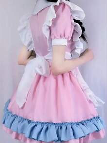 1pc Ruffle & Bow Decor Maid Costume Dress & 1pc Apron Halloween - Pink - View 2