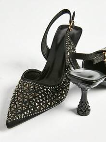 Clear Crystal Decorated Pointed Toe Square High Heel Sandals, Women Spring Summer New Backless Closed Toe Ankle Strap Shoes Winter Gifts - Black - View 4