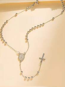 1 Stück elegante minimalistische Edelstahl Kreuz Kette mit 59 Stücke 3mm Stahl Perle Rosenkranz, geeignet für Herren und Damen Alltags Tragen