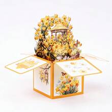 1 felicitare pop-up 3D cu imprimeu floral galben, potrivită pentru Ziua Mamei, ziua de naștere, aniversare (include plic și hârtie goală)