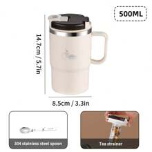 1pc 450/500ml 304 Stainless Steel Coffee Mug With Tea Strainer & Folding Spoon, Double Layer Thermal Insulated Coffee Cup With Handle, Leak-Proof Milk Tea Water Cup, Anti Scalding Drinking Cup Drinkware For Hot & Cold Water, Suitable For Adults & Students Use In Kitchen, School, Office, Dorm, Party, Picnic And Camping
