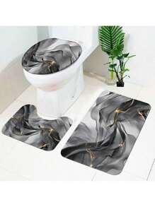 1/3pcs Modern Home Grey Ink Print Bath Mat Set, Flannel Bathroom Toilet Seat Cover, Anti-Slip Absorbent Soft Thickened Bathroom Mat Carpet With U-Shaped Toilet Seat Cover & Lid Cover