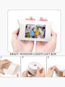 25 Stück weiße Papier Mini Kissen Verpackungsboxen mit klarem Fenster, Geschenkverpackungsbox für Backwaren, Süßigkeiten, Schokolade, Schmuck, Hochzeitsfeier, Sommerfest, Geburtstag, Strand, Schule, Zimmer Dekoration