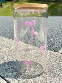 1 Pack, 500ml, Bowknot Pattern, Glass Iced Coffee Cup, With Bamboo Lid, Straw, Cute, Creative, Cold Drink Tumbler, Travel Mug, Christmas Gift, Office, Coffee Lover, Water Bottle, Milk Tea Cup, For Christmas Decorations, Party, Holiday